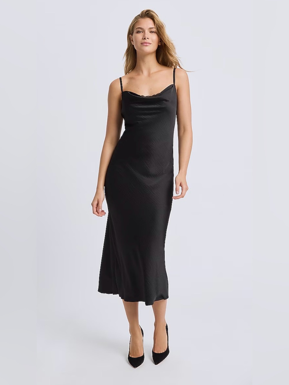 Express Black Slip Midi Dress with Cowl Neckline. Size XS